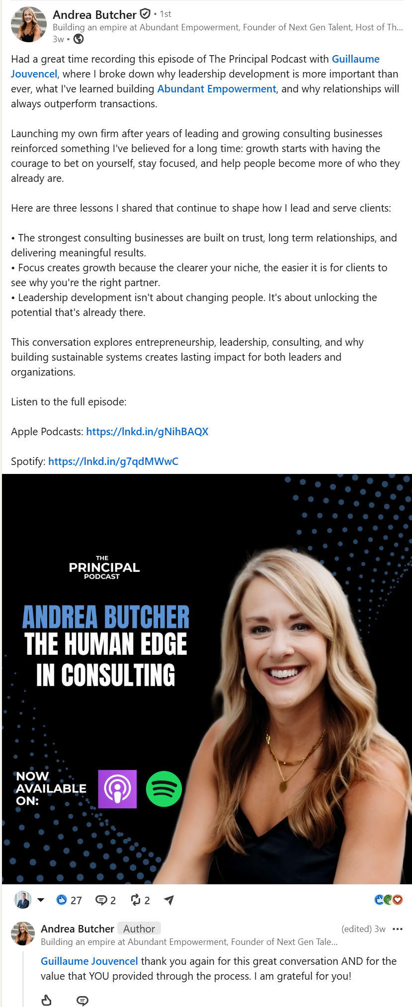Andrea Butcher, founder of Abundant Empowerment, LinkedIn post about her episode of The Principal Podcast